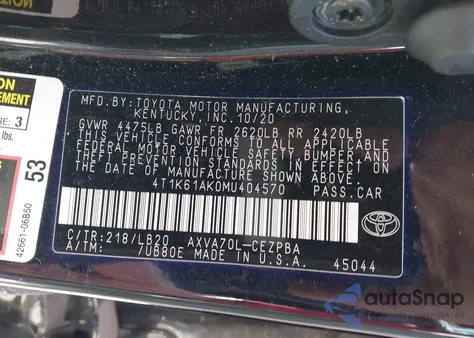 2021 Toyota Camry Xse из США, поврежденный, VIN 4T1K61AK0MU404570